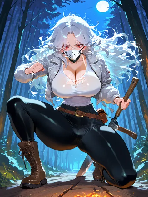 (masterpiece, best quality, amazing quality, very aesthetic), forest, night, moonlight, [wooden cabin], 1girl, \(solo, Grey Ripped Jacket, Jason Vorhees Girl , (white hockey mouth mask), boots, black pants, big breasts, [machete], long hair, messy hair, si...