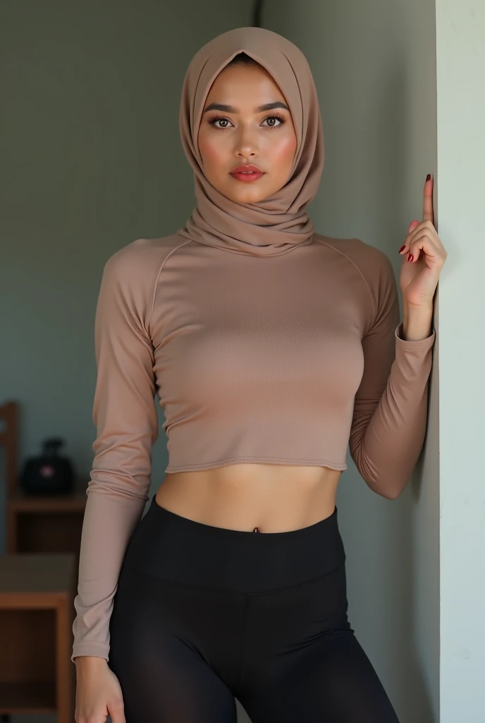 wearing hijab 55 tahun, wanita asal malaysia (( wearing hijab )) ,wearing a light brown color tight-fitting sports long sleeve t-shirt, transparent black leggings  (( underpants )), Curvy body(  pasmina ),  breasts protruding almost out of her shirt,fair s...