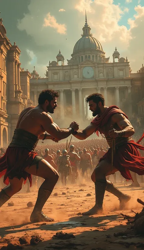 Majestic ancient Rome. Closeup of gladiatorial fights. epic photo. epic background and pose.