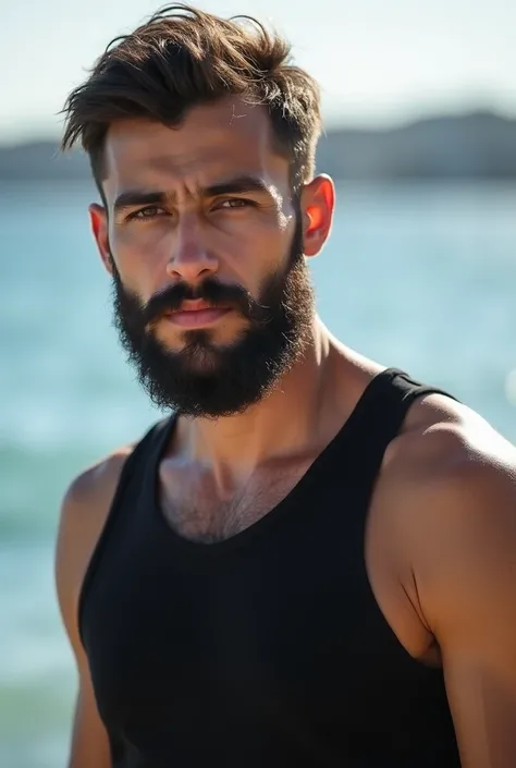 arafed man with a beard and a black tank top standing in front of a body of water, young greek man, ismail, around 1 , young spanish man, portrait of a young italian male, 2 , 18 years old, 21 years old, aykut aydogdu, neckbeard, 2 