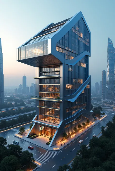 Aerial view of 3 floors futuristic commercial building concept
