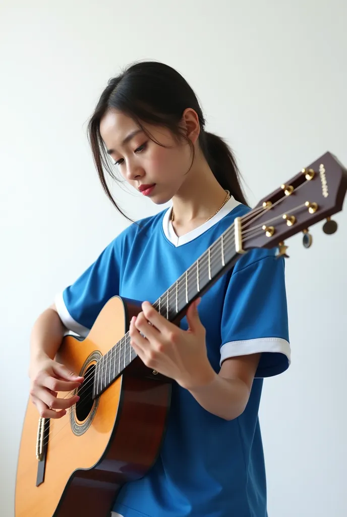 Create an 18-year-old woman in the blue jersey playing the guitar on a white background