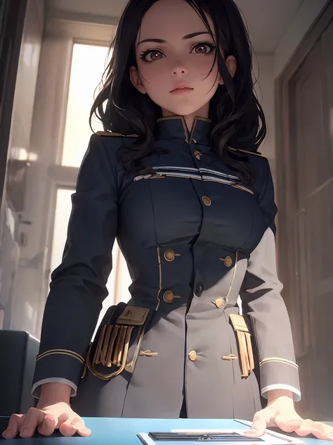  looking at spetactor, 1 college girl, solo, kharia, black hair, long hair, eyes brown, brown eyes, medium big chest, military suit, 8k, uhd, hyper realist, cgi, high quality, perfect face, detailed eyes, mirando al espectador, from bottom, close, nice, hy...