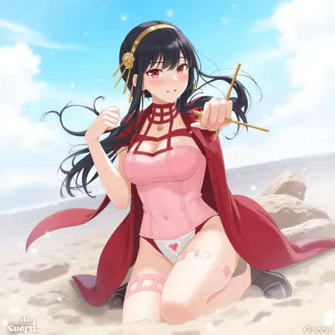 is a young, pretty, and busty Korean woman who looks like Yoru from the spy family, She has red heart eyes, big boobs,,  A pink belly tee, a white triangular bloomer with a pink heart on it, and a red coat with gold decoration, She wears black shoes and ha...