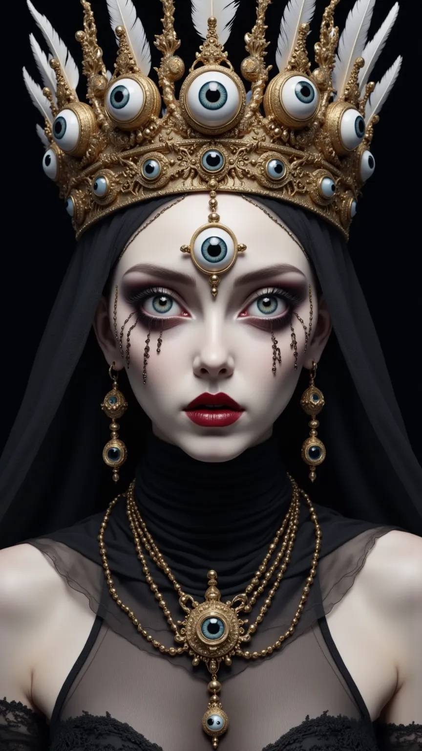 ( masterpiece,  best quality :1.2), The Three Eyed Witch，crown，dark lips，feather