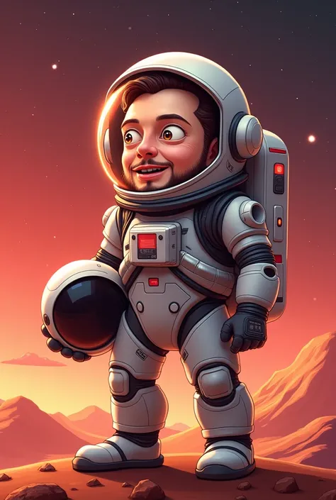 ### slightly enlarged eyes or a big smile for a meme effect:
- **Elon Musk**: Use an AI generator, as if he had planned something ingenious.
- **spacesuit**:  Futuristic , to your chest - A surprised face with an open mouth.
- **Red Planet**: Mars as backg...