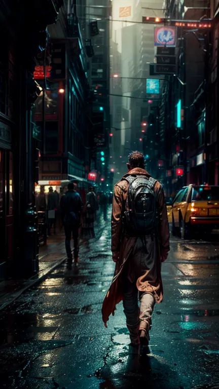 ( 8k unit wallpaper CG very detailed,  masterpiece,  best quality , super detailed), (((alone)))), ((  extremely wide footage  :1.15)), A man standing on a bridge looking out at a sci-fi city, ((Rear View)), ((whole body)), (high detail), ( complicated det...