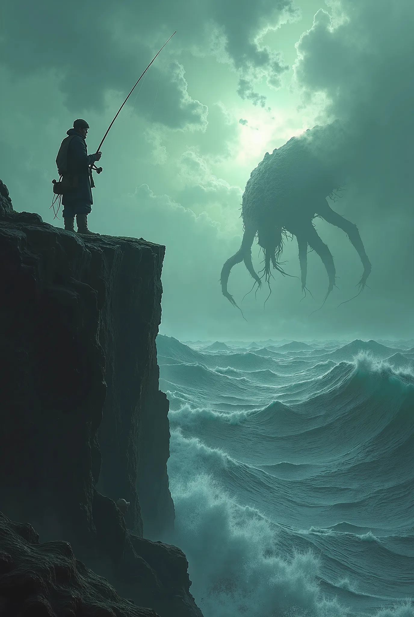 Angler on a cliff catching cathulu