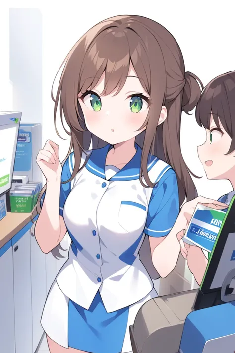 Girl working at convenience store、 facing the front、Combine FamilyMart uniforms with Lawson uniforms、Standing still、( female college student)、 no background、Sexy、hair brown、Light green eyes、Semi-long hairstyle、 half up、A  with an energetic personality、The ...