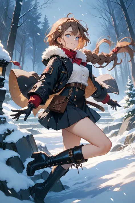 A girl with brown hair and blue pupils wearing a black coat, gloves, and long boots while it's snowing