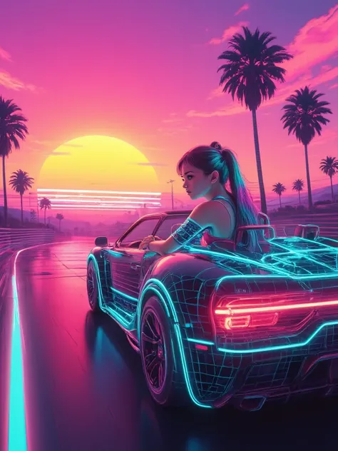 Side view of an 80s anime girl driving inside a luxury lamborgini, Road Trip at Sunset, palm trees, glowing, Vaporwave, anime