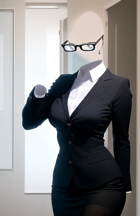 "A modern office with a professional woman in business attire, but she is invisible—only her clothes, glasses, and accessories are visible, giving a ghostly effect. The office is well-lit, with a desk, laptop, and papers scattered around, creating a realis...