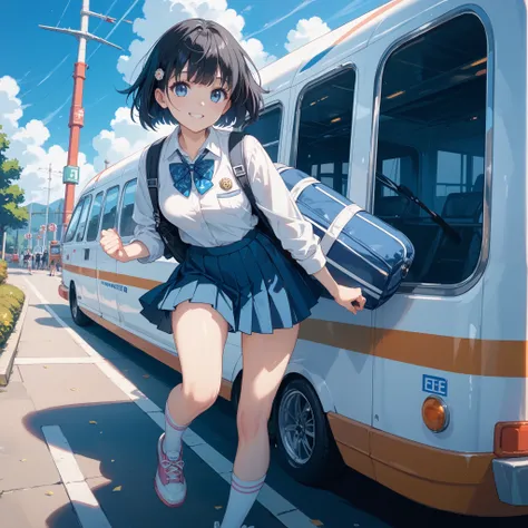 jet black hair color, bob cut hairstyle,blue eyes, Pleated miniskirt,cute girl the secondary school anime style,A shy smile on your face,super fine illustration,solo,wearing ankle-length socks,She is wearing cute underwear with a floral pattern.girl runnin...