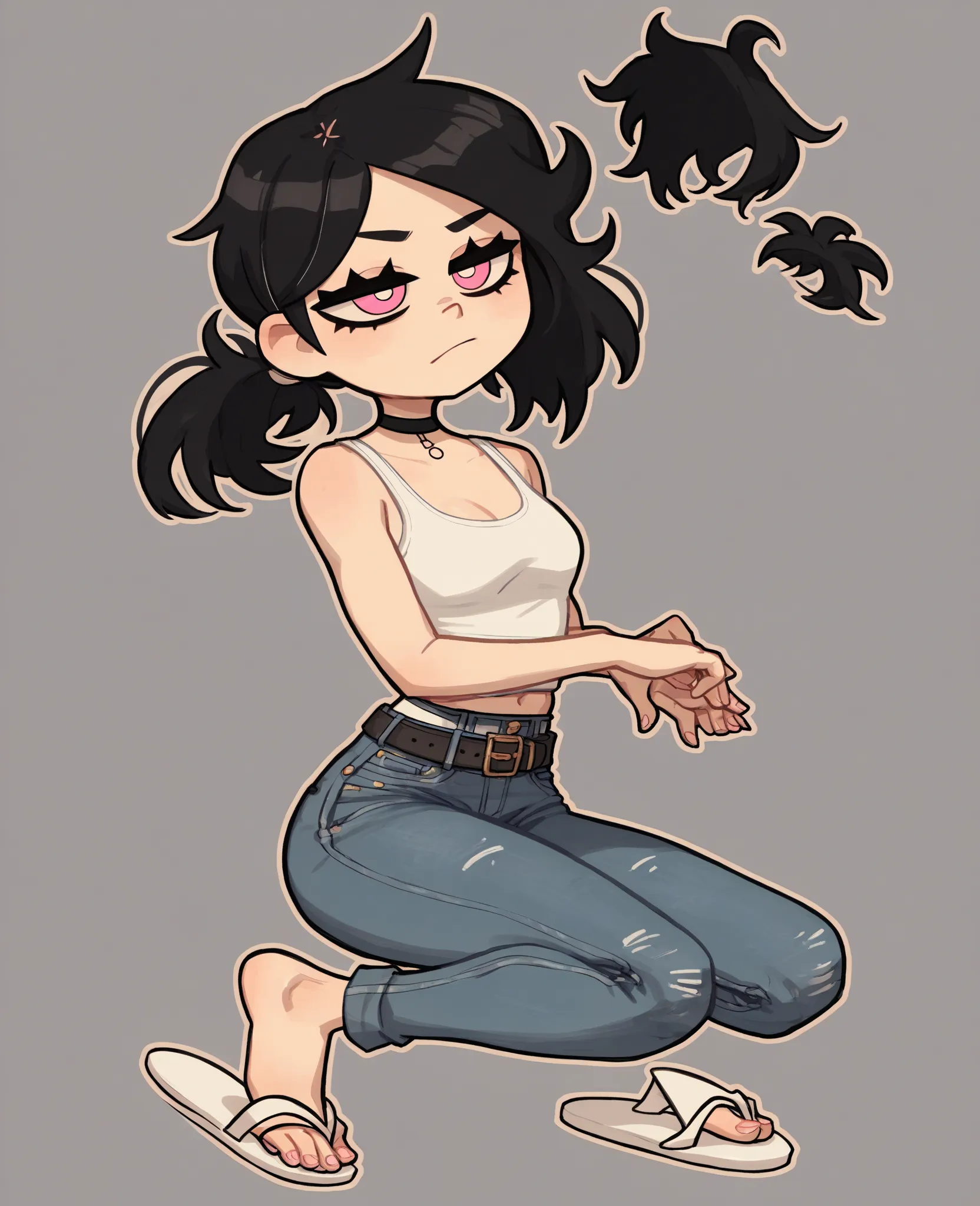 score_9, score_8_up, score_7_up, outline, BREAK
1girl, ashleygr, black hair, ponytail, pink eyes, choker,big breats boobs,tight thicc jeans,(((white Flip flops))),belt,(((White mini fitted tank top)))