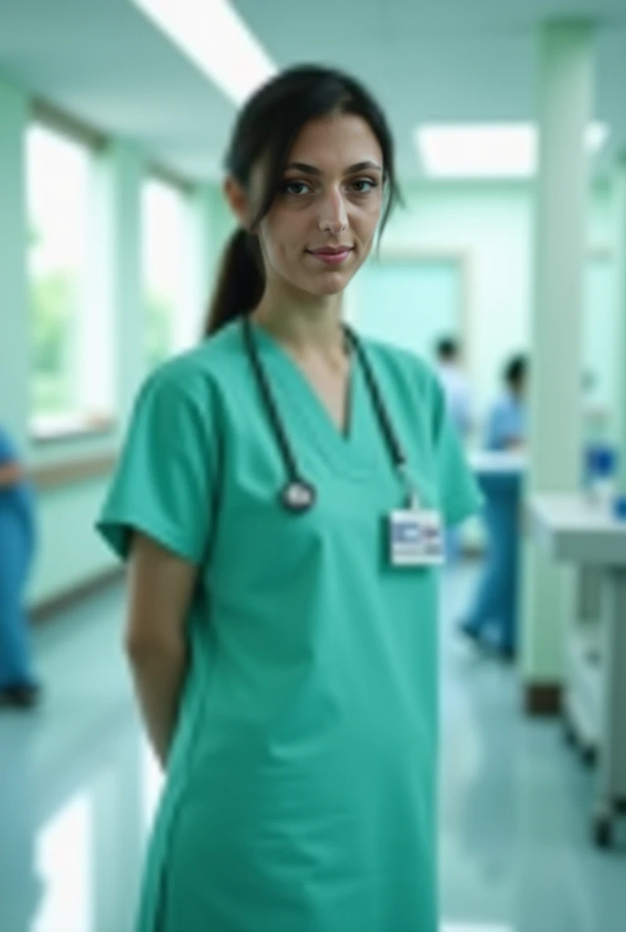  High quality,  8K Ultra HD, Transform my dress into an aqua-green nursing technique uniform, in a hospital environment The background is monochrome, sharp focus, double exposure, By Yukisakura,  incredible full color