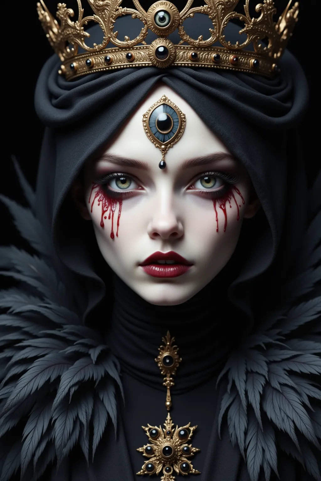 ( masterpiece,  best quality :1.2), The Three Eyed Witch，crown，dark lips，feather