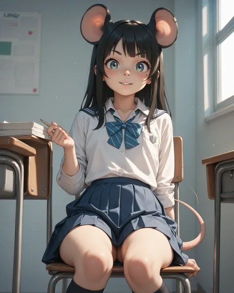 kawaii girl , mouse ear , school uniform , skirt , front view , sit on chair , (Dimly lit crotch) , (labia:0.1) , (upskirt:0.3)