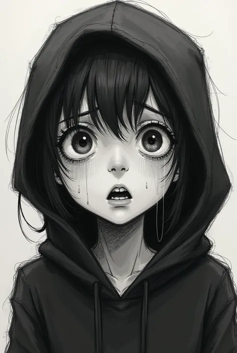 A front view of a crying and shocked girl, she is wearing a black hoody. Realistic sketchy drawing.