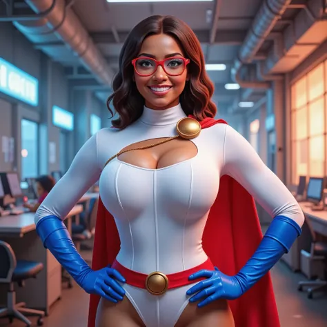 GRACEFULLY STANDING WITH HER HANDS ON HER HIPS, a 19-year-old Black girl, dark-skinned and beaming. She's wearing a brand-new WHITE LONG SLEEVE TURTLE NECK LEOTARD WITH A LARGE HOLE CUT OUT IN TH E CENTER OF THE CHEST, A PAIR OF BLUE POWERGIRL GLOVES, A PA...