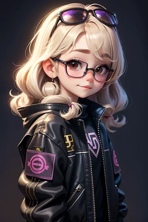 loli girl, Baby face , Beautiful and cute , Gentle Smile,  bago hairstyle , light hair，Modern Accessories，Sunglasses ，Wear a Dark Jacket, holograms,  Dark background 