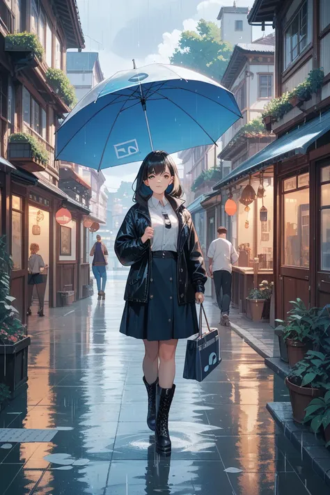 Long-haired girl with long black hair walking around town wearing boots holding up a vinyl umbrella while it's raining