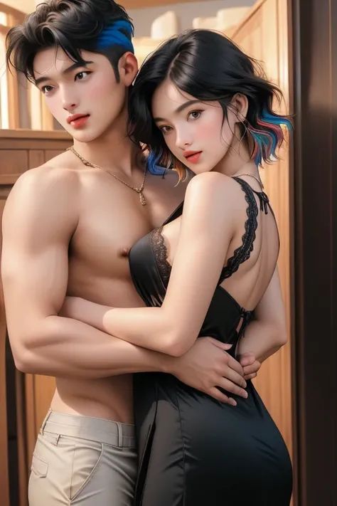 ((Medium breast tomboy girl,)), (chiseled abs : 1.1), (perfect body : 1.1), (shoulder length short straight hair : 1.2) ,black hair, collar, chain, full body shot,no bra,eric nipples,(extremely detailed CG 8k wallpaper), (an extremely delicate and beautifu...