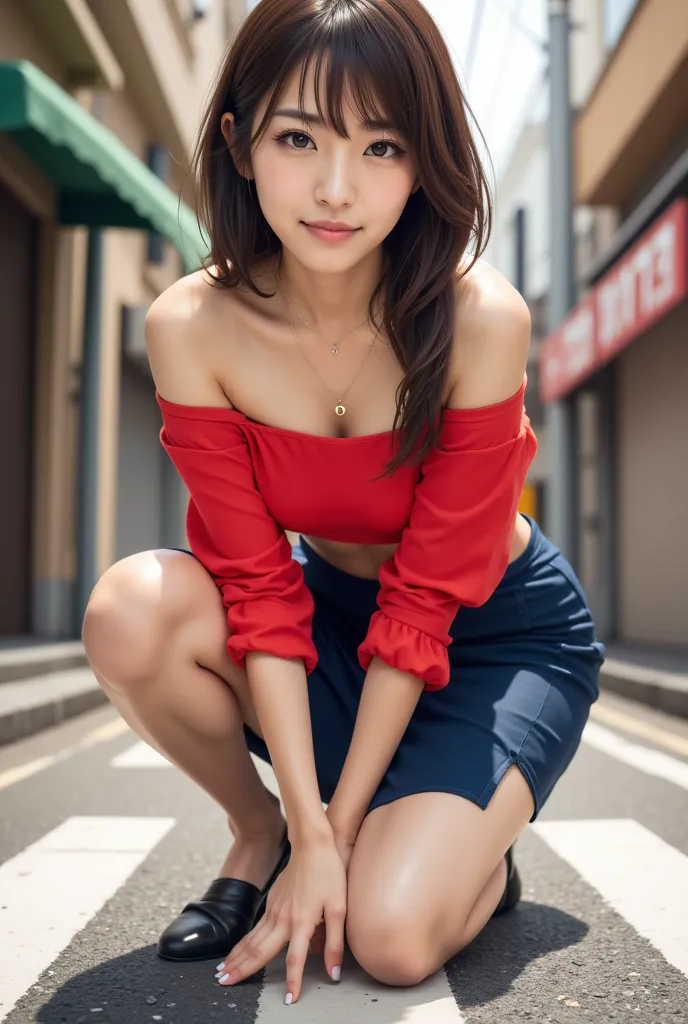 Japanese woman in her 20s, seen from the front, dark hair, shaggy, bright red off-the-shoulder blouse, squatting in the street, dark blue tight skirt, picks up pencil.