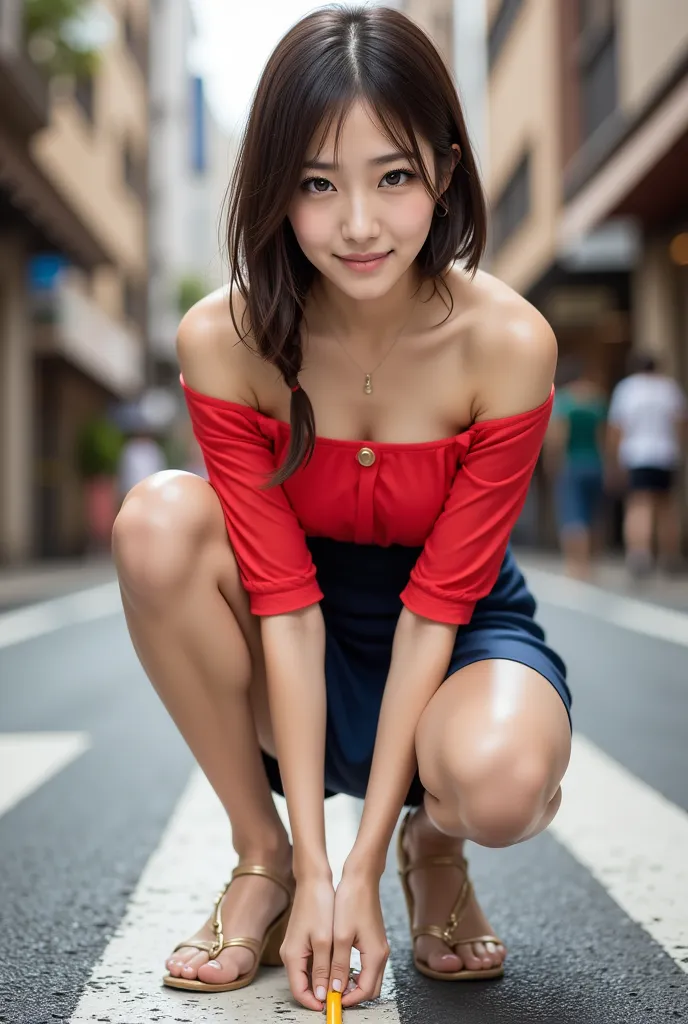 Japanese woman in her 20s, seen from the front, dark hair, shaggy, bright red off-the-shoulder blouse, squatting in the street, dark blue tight skirt, picks up pencil.