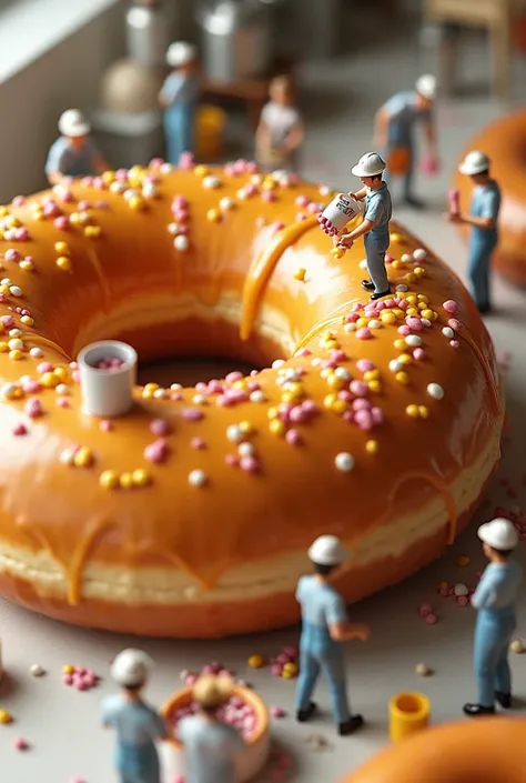 Tiny workers are bustling in a giant donut kitchen. Some are pouring glossy icing from a massive bucket onto a huge donut, while others sprinkle colorful sprinkles from tiny shakers. A group is carefully filling a donut with jam using a large piping bag, a...