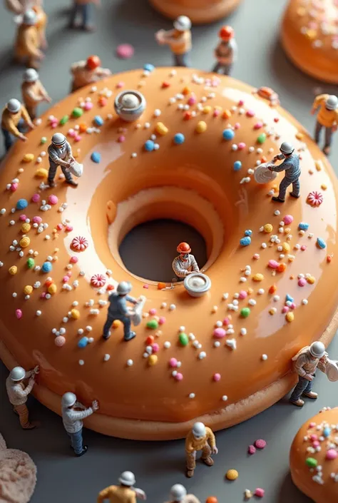 Tiny workers are bustling in a giant donut kitchen. Some are pouring glossy icing from a massive bucket onto a huge donut, while others sprinkle colorful sprinkles from tiny shakers. A group is carefully filling a donut with jam using a large piping bag, a...