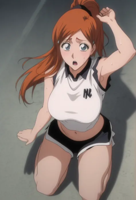 score_7_up, anime screencap, 1girl, solo, parted lips, blush, ponytail, long hair, black hair, blue eyes, ToudouAkira, 1girl, solo, volleyball uniform, sleeveless shirt, white shirt, large breasts, elbow sleeve, black shorts, shy look, on floor, lying on f...