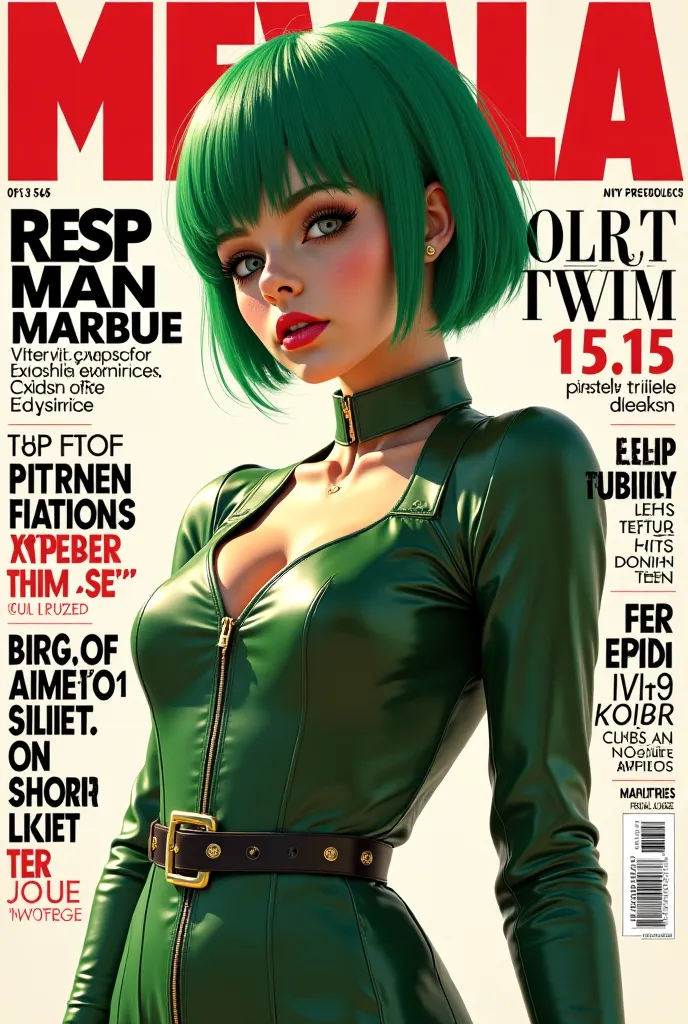 Create the cover of a fashion magazine with Tatsumaki de Onepunchman, a real woman, hyperrealist Hyperrealism as the protagonist of the cover and with background texts as if it were a real magazine..  outfit.  hyperrealism. Live action magazine. short gree...