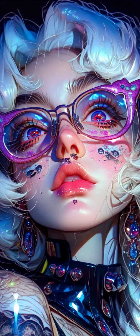 (( centered image ,  a close up of a beautiful woman with exaggerated Kawaii-style cartoon features  :1.52,   full and thick lips with kissable glitter  ,  big eyes with glitter and reflections  ,   false eyelashes and long  :1.5 ,   Beautiful face of a cy...