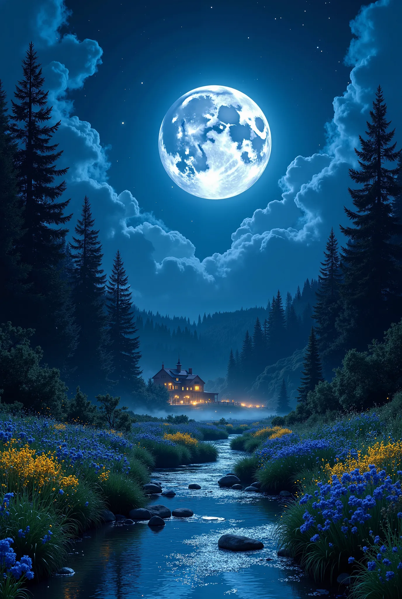 Create an image A breathtaking night landscape bathed in the soft glow of moonlight. A massive, luminous full moon dominates the starry sky, casting a silvery-blue glow over the serene scene below. Wispy clouds stretch across the sky, adding depth and move...