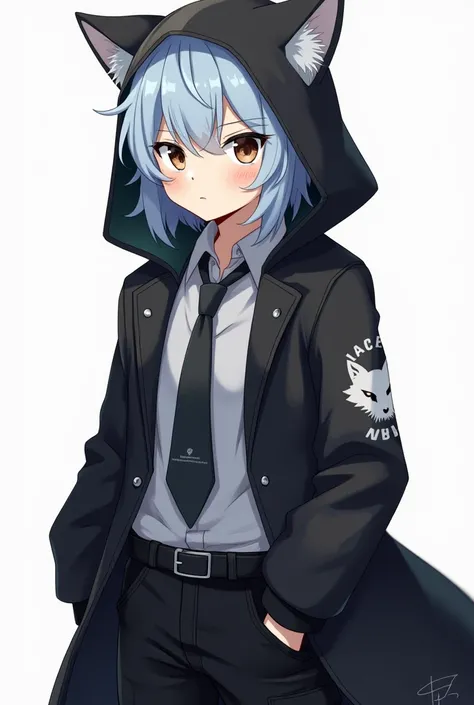 Anime style, a 21-year-old boy, big eyes, brown eyes, cleaner hairstyle, thinned hair and less voluminous on the sides, light blue hair, wearing a long black coat with long sleeves with a design of a white wolf on his coat, dress tie, dress shirt with hood...