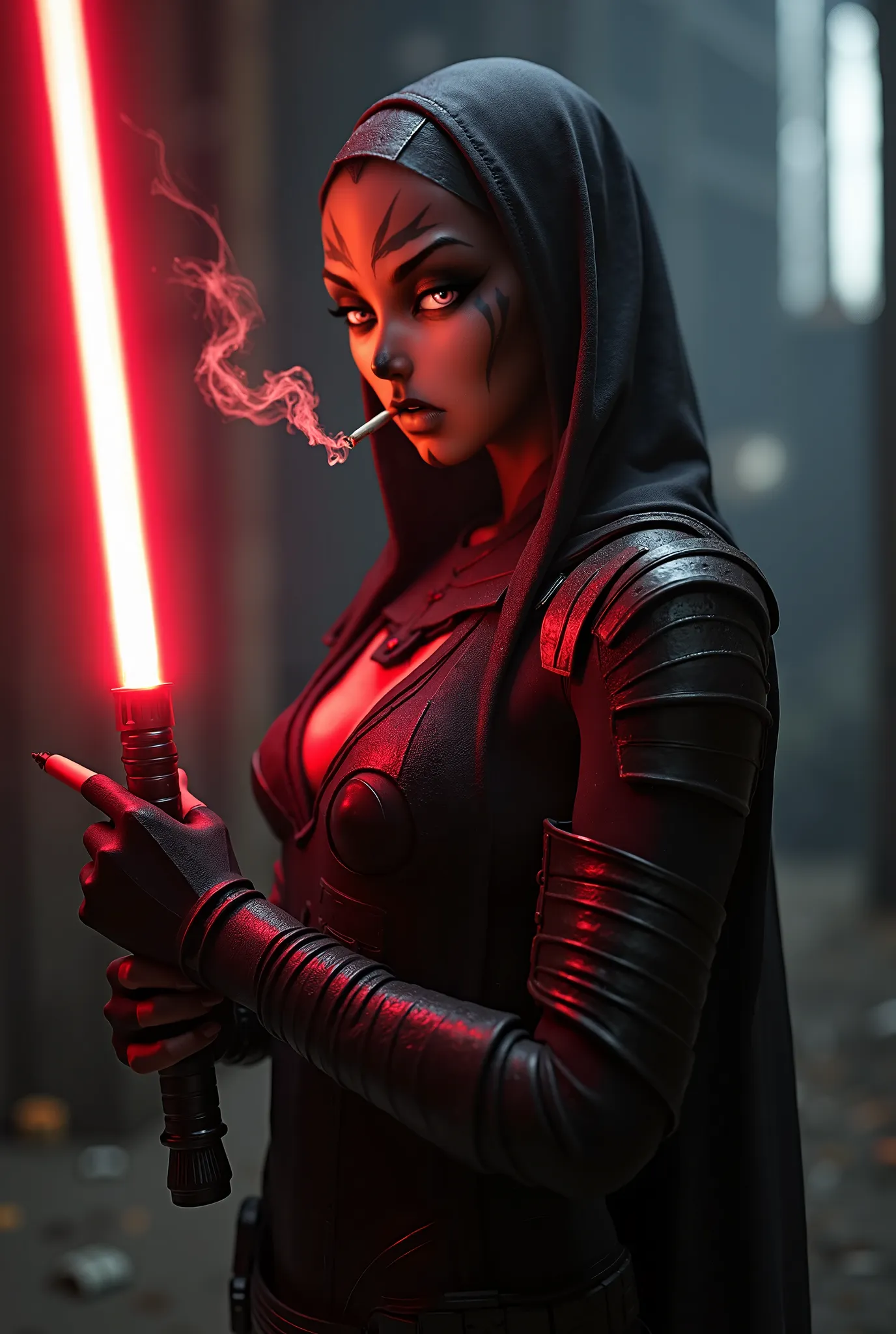 Darth talon (smoking a joint in one hand while holding a red lightsaber in the other)