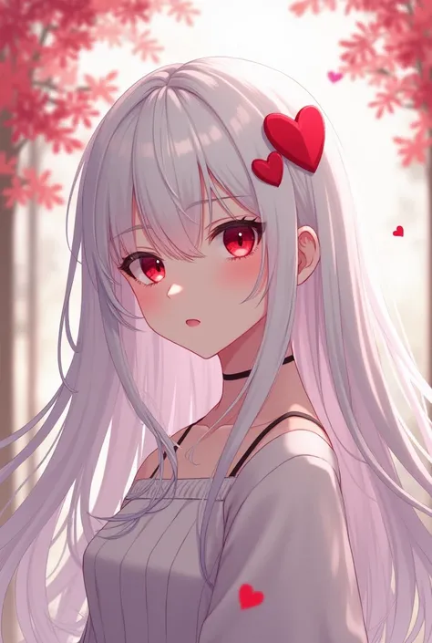 A minor girl,in age 17, heart hair clip,her hair is white, long, smooth, her eyes are bright red but do not appear dangerous, just harmless.(2d art,anime)