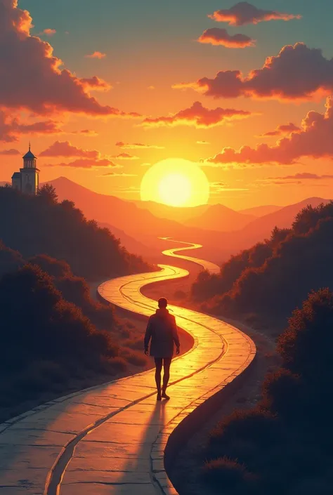 Below is an image created to illustrate the journey described in the text:



 Image Description :
The illustration shows a sinuous road that extends towards a horizon illuminated by the sunrise. Lens In the foreground, a determined figure walks with firm ...