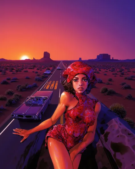 A composite photo of a surreal illustration background image and a realistic woman, Road Trip at Sunset, twilight, dusk, Neon Sunset, A road in Monument Valley, Arizona, Surreal illustration of US Route 163, endless road. American cars driving on endless r...