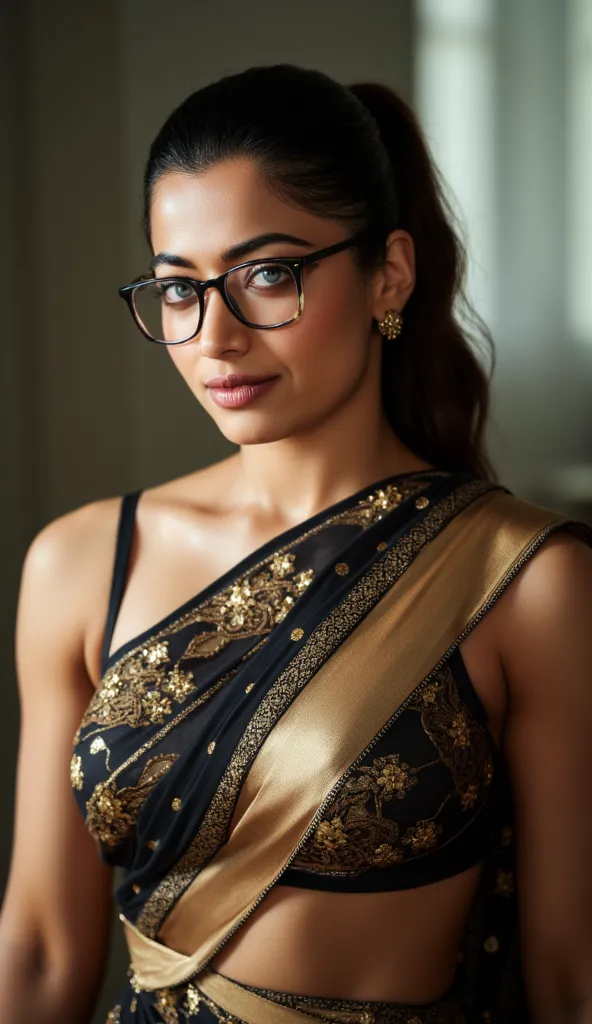 .A sexy woman with round breasts and a fit body wearing a saree resembling a bikini and she is having beautiful eyes and is wearing glasses.She looks a sexy fitness instructor.The saree she is wearing is black and gold in colour.Ulra realistic and she has ...