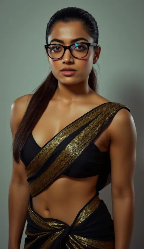 .A sexy woman with round breasts and a fit body wearing a saree resembling a bikini and she is having beautiful eyes and is wearing glasses.She looks a sexy fitness instructor.The saree she is wearing is black and gold in colour.Ulra realistic and she has ...