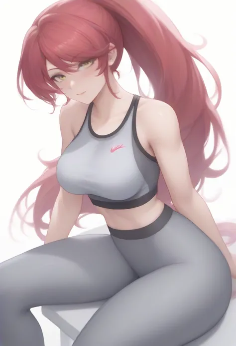 pyrrha nikos (RWBY),1 girl,Alone , white background, sports bra , thin straps, neckline ,big_ breasts,looking_en_ spectator , long hair,  high ponytail ,  Gray Pants, yoga pants,His pants,high waist, side opening,  thick thighs ,Sitting on slab , fashion d...