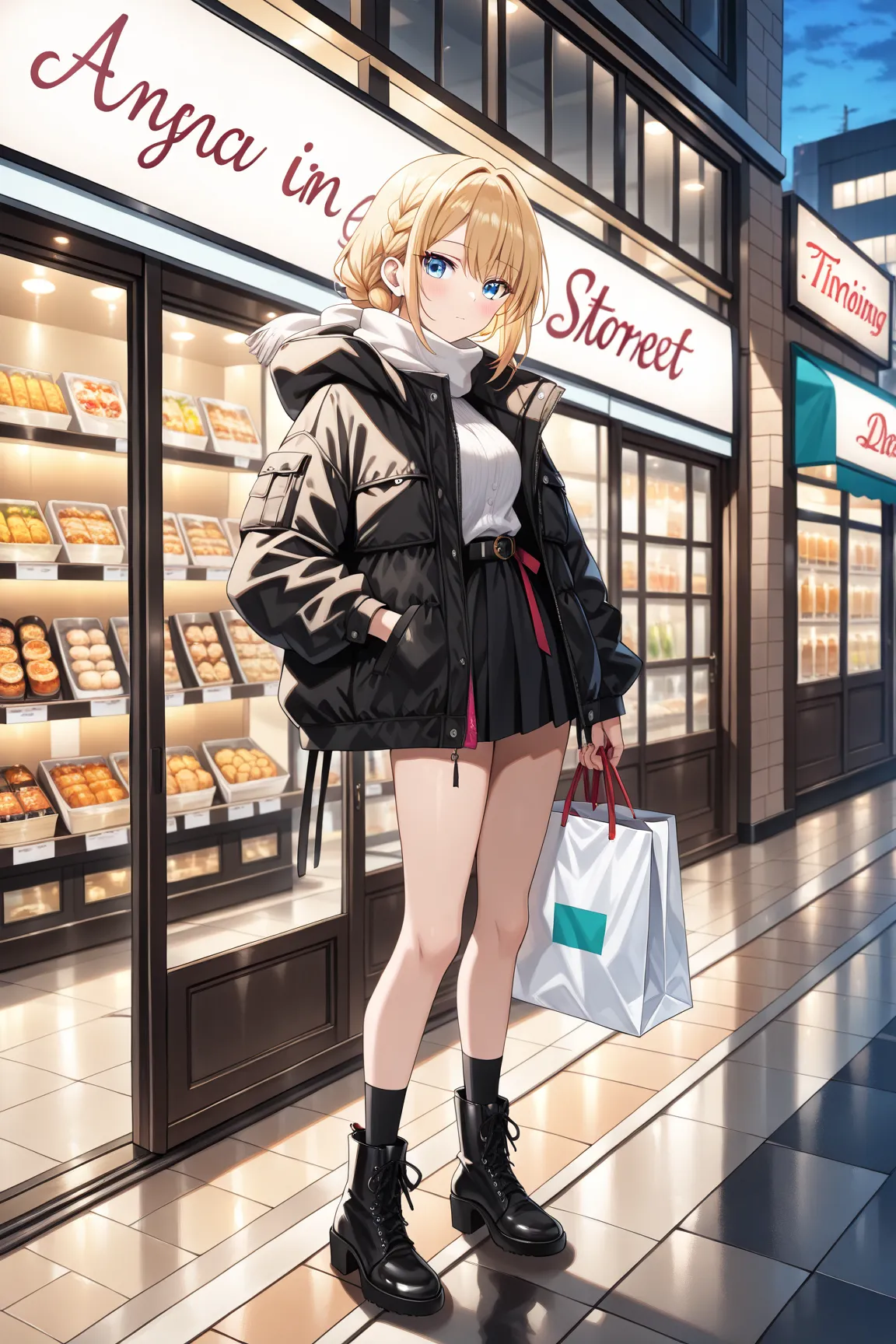 Street shopping in winter "Cute girl, (masterpiece: 1.2), (best quality: 1.2), (high definition: 1.1), petite figure with blonde hair, wearing a mini skirt and oversized black down jacket. Dramatic lighting from shop windows, vibrant winter street color pa...