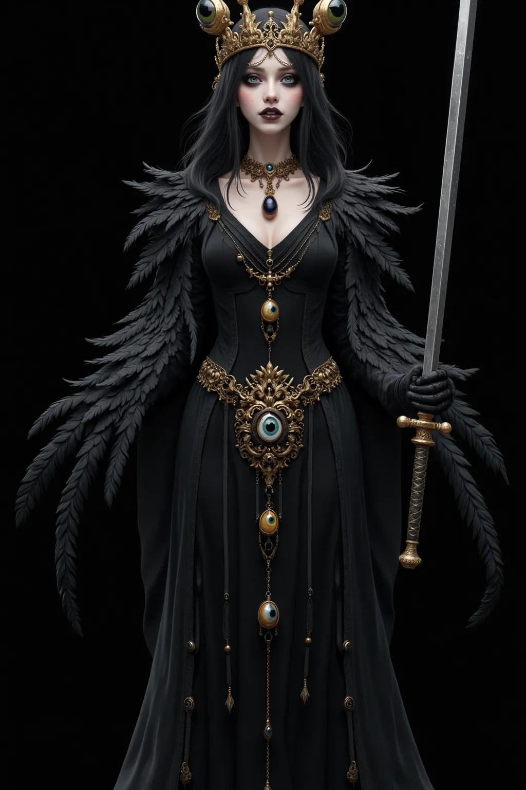 ( masterpiece,  best quality :1.2), The Three Eyed Witch，crown，dark lips，feather，Shoulder， holding a long sword 