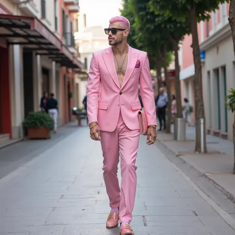 full body photo, a handsome white Man with light- Pink hair hyper-stylish short undercut, bimbo lips, light-pink fashion clothes, light-pink somptuous nylon-socks, pink chic mens patent loafers, chunky gold & pink precious stoned rings, bracelets, necklace...