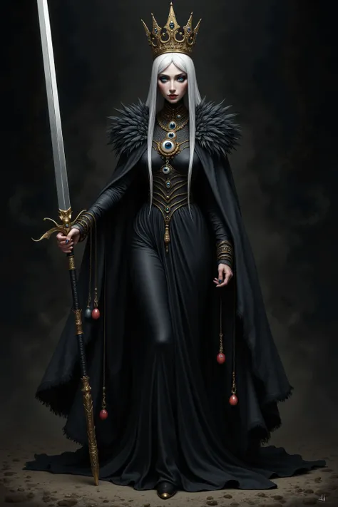 ( masterpiece,  best quality :1.2), The Three Eyed Witch，crown，dark lips，feather，Shoulder， holding a long sword 