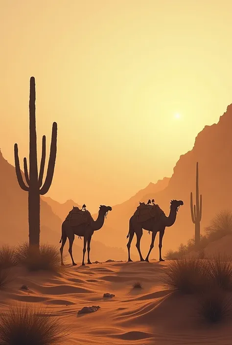 Desert background with cactus and camels