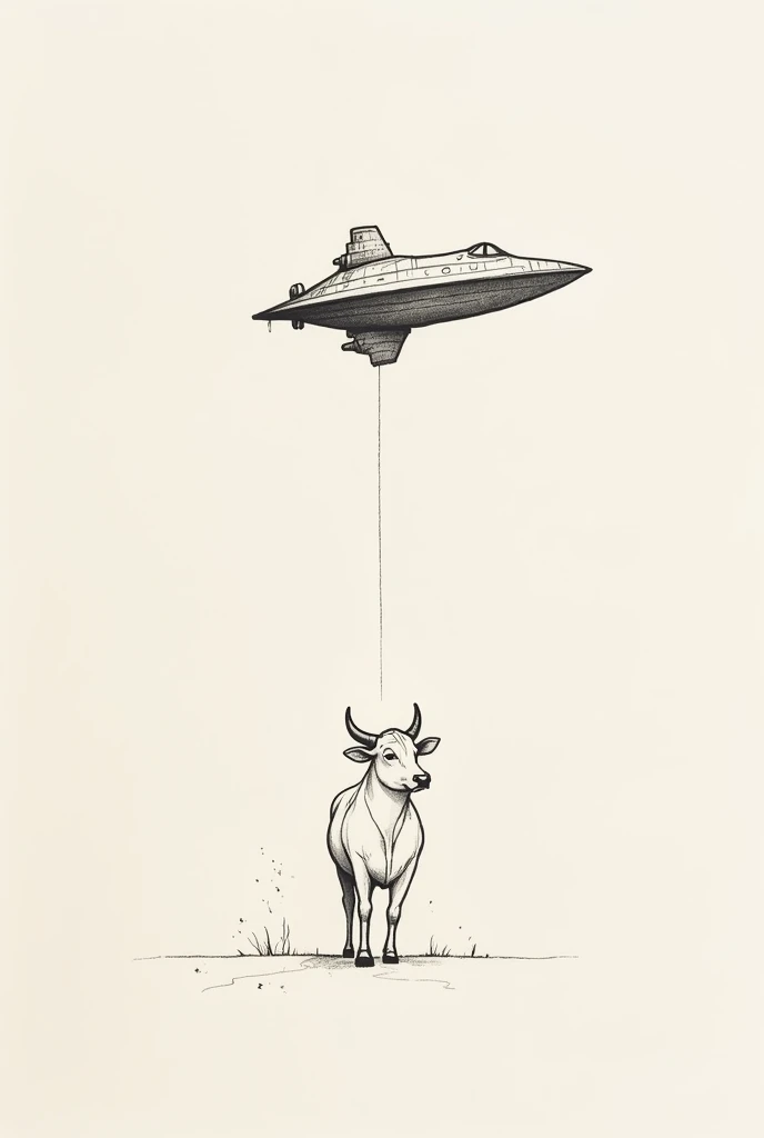 Minimalist fine line tattoo of a cow being abducted by a spaceship