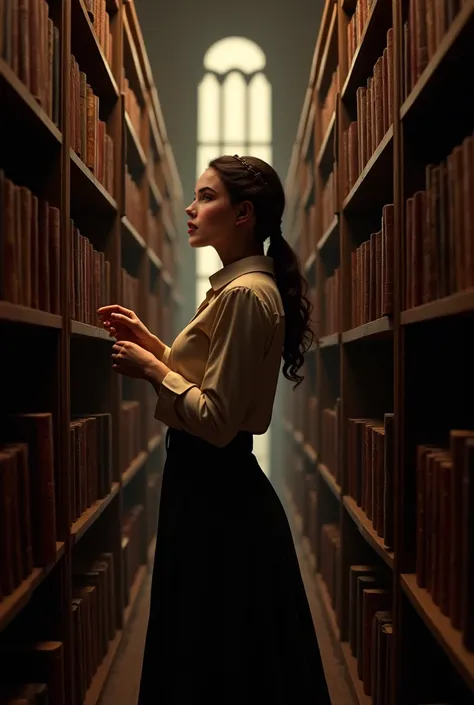 Generate a woman searching for a book in the library 