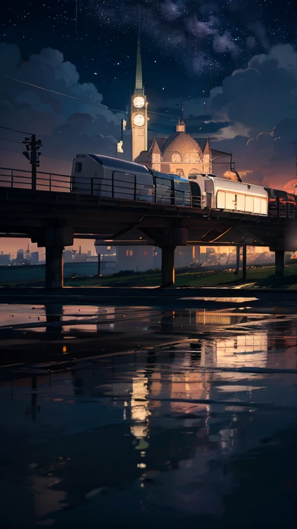 A high quality masterpiece, landscape, Animated train passing through a body of water on track,  Bright Starry Sky .  Romantic Train , pixiv, Concept map, Lofiato style, reflection. 由Shinkai Makoto创作, Lofiato,  beautiful anime scene , Anime landscape, 詳細なl...